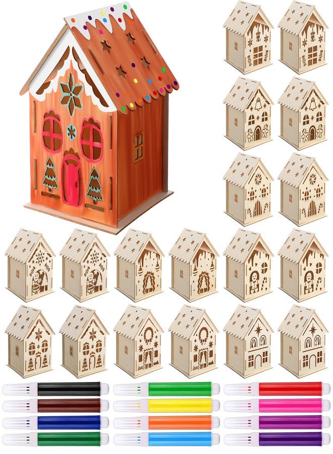 Kathfly 18 Sets Wooden Christmas Gingerbread Houses to Paint, Wood Houses Kit to Build with Watercolor Pens Make Your Own Xmas House Kits for Christmas Tree Ornaments DIY Art Project Activity - Image 1